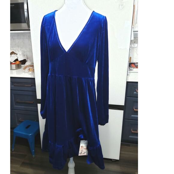 NWT Velvet sapphire blue tiered midi holiday dress elegant balloon sleeve sz L - Picture 3 of 11